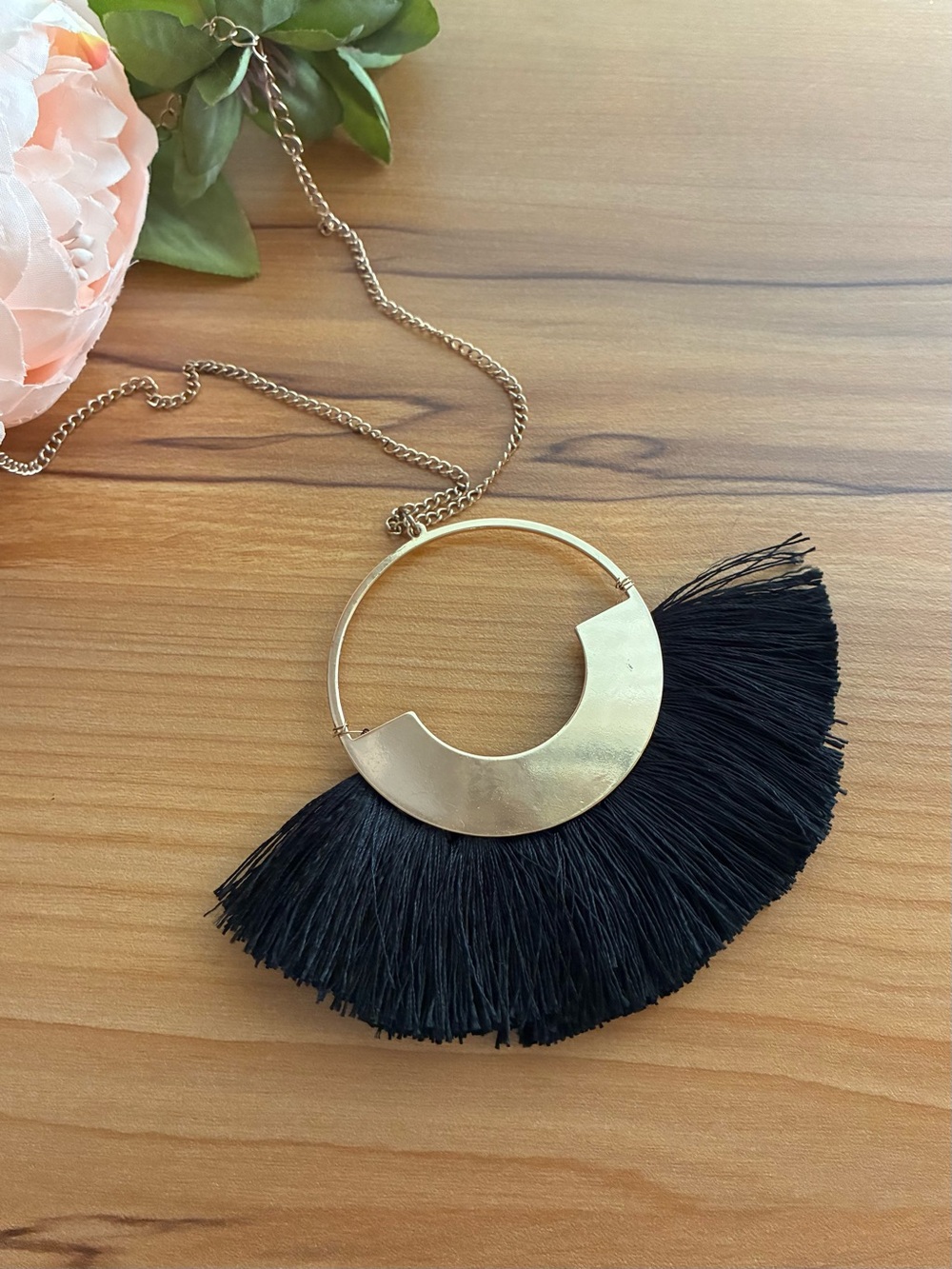Gold and Black Fringe Statement Necklace